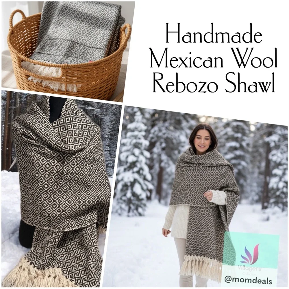 Mexican Rebozo Shawl in Brown on Cream –100% Raw Wool, Thick, Large Winter Wrap